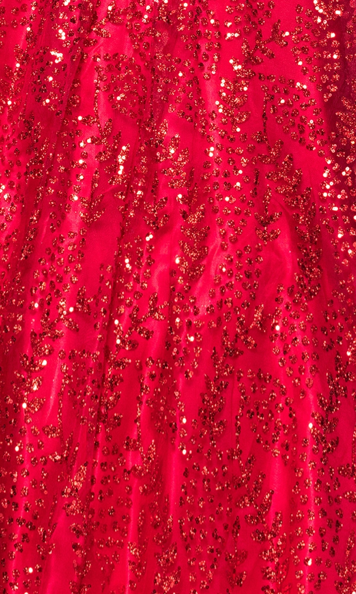 Close-up of red fabric with shiny gold glitter, ideal for the Glitter-Print Prom Ball Gown: Blondie Nites 5539BN—perfect for an elegant formal look or a striking prom dress.